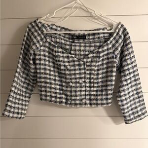 Zara NWT Women Blue Plaid Textured Tweed Off The Shoulder Crop Top Size XS